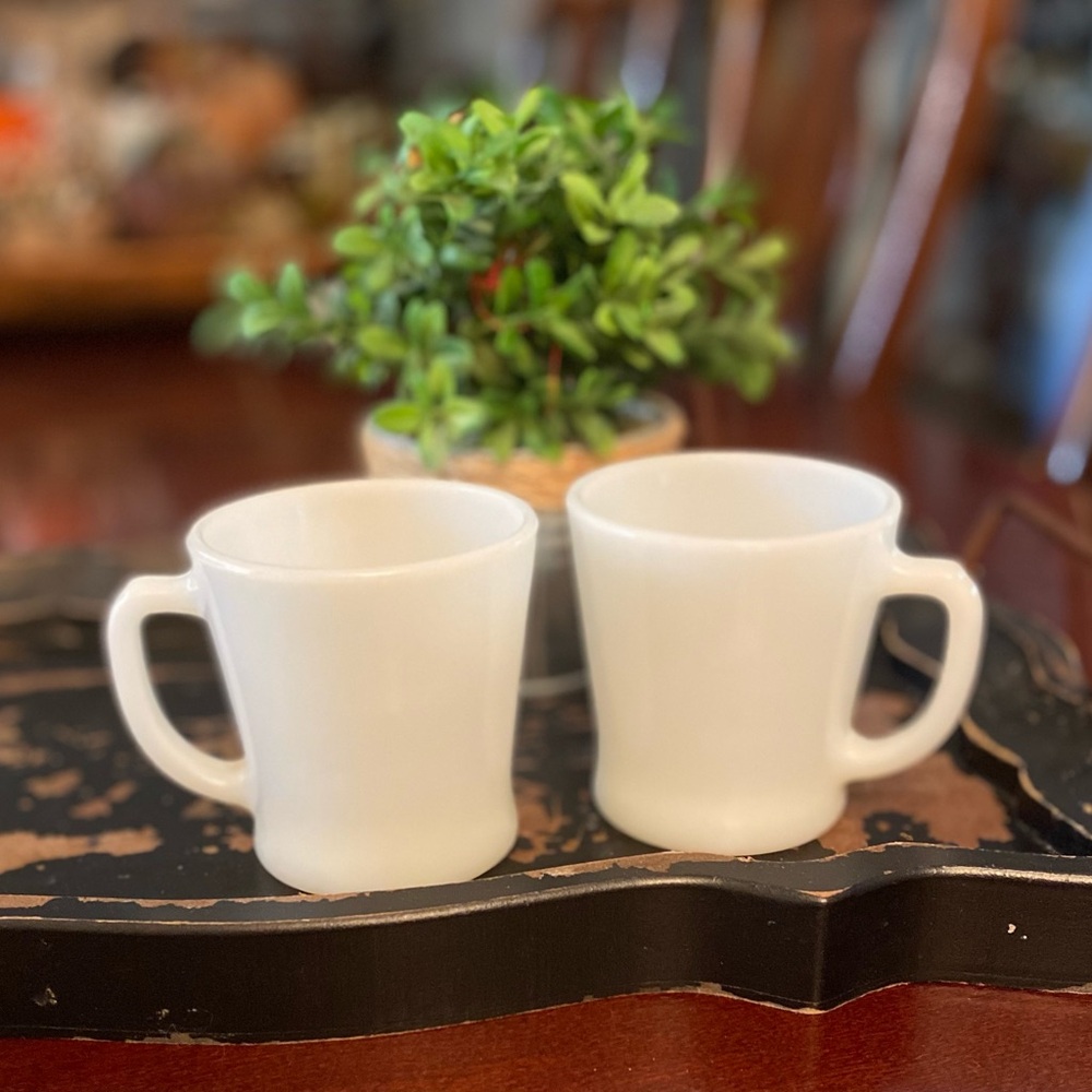 (2) Vintage 1960s Anchor Hocking White Milk Glass Ovenware Mugs